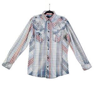 Roar Signature Mens Plaid Embroidered Button Down Shirt Size Medium Afflicted